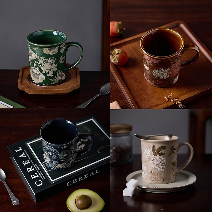 Coffee Mugs Set of 4, 12oz Ceramic Tea Cups with Floral Design, Hand wash only, Microwaveable, Gift Box, Perfect for Cappuccino, Latte, Hot Chocolate–Tazas Para Café Bonitas (Royal Bloom)