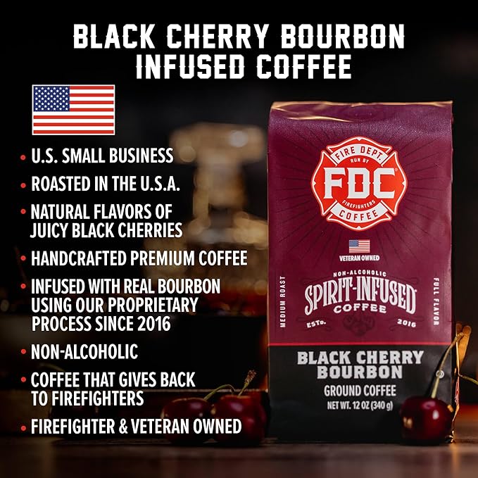 Fire Department Coffee - Black Cherry Bourbon Coffee - Gives Back to Firefighters - Premium Bourbon Infused Ground - Non-Alcoholic - Roasted in the USA - Veteran Owned (12 oz, Pack of 2)