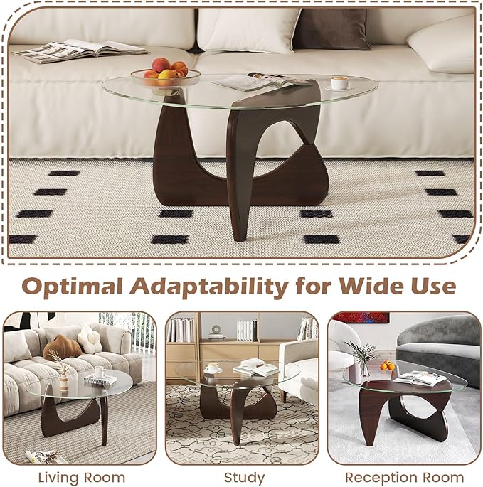 Tangkula Triangle Glass Coffee Table, Mid-Century Modern Center Table with Tempered Glass Top & Adjustable Rubber Wood Base, Small Coffee Table for Small Spaces, Living Room & Reception Room (Walnut)