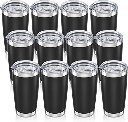 20 oz Tumbler with Lid Stainless Steel Insulated Tumblers Bulk Double Wall Vacuum Cups Powder Coated Travel Mug Keep Drinks Cold and Hot, Black, 12 Pack