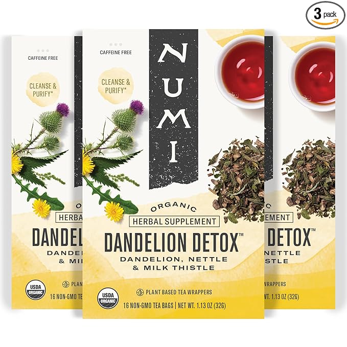 Numi Organic Dandelion Detox Tea, 16 Tea Bags (Pack of 3), Dandelion, Nestle, and Milk Thistle, Caffeine Free