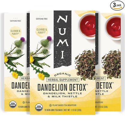 Numi Organic Dandelion Detox Tea, 16 Tea Bags (Pack of 3), Dandelion, Nestle, and Milk Thistle, Caffeine Free