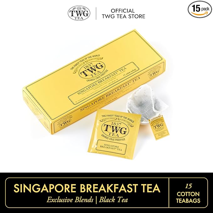 TWG Tea | Singapore Breakfast Tea | Black Tea & Green Tea | Vanilla & Spices | 15 Hand Sewn Cotton Tea Bags| Gift Set