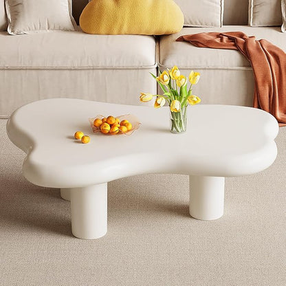 Irregular-Shaped Coffee Table, 39.37" Cream White Center Table with 3 Legs, Cartoon Indoor Tea Table for Living Room, Home Office, Easy to Assemble