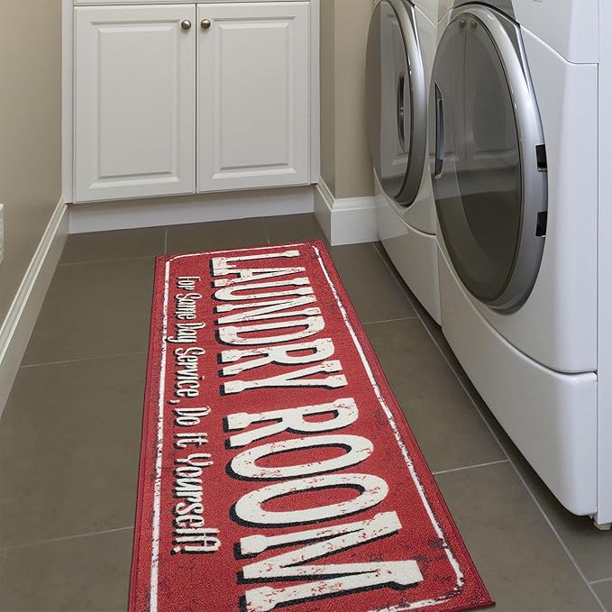 Ottomanson 20" x 59" Laundry Room Rug - Non-Slip Mat for Laundry & Mudroom - Durable, Stain-Resistant, and Easy to Clean - Perfect for High-Traffic Areas - Runner Rug for Entryway Bathroom, Red