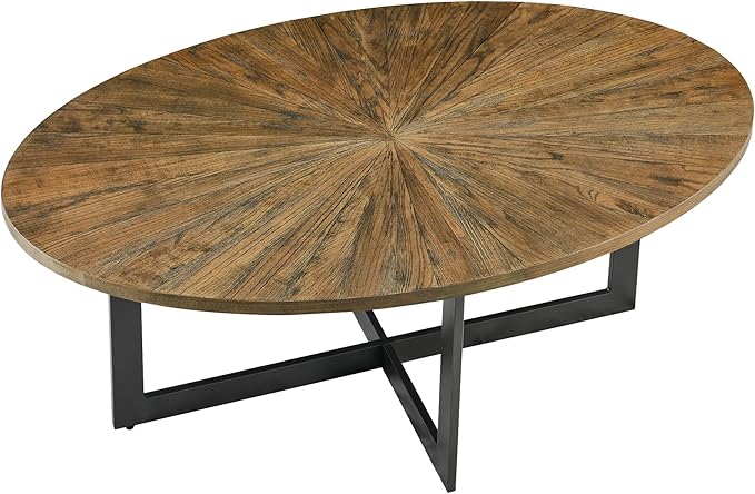 Solid Wood Oval Coffee Table with Cross Metal Legs, 47.9" Industrail Bar Cocktail Table for Living Room Kitchen Office Sofa Table Bristro Table for Cafe/Bar Rustic Brown 1831