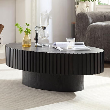 43.7 Inch Oval Drum Coffee Table, Modern Handcraft Fluted Drum Coffee Table, Wooden Round Coffee Table Center Table with Sturdy Pedestal for Living Room Apartment (Black)