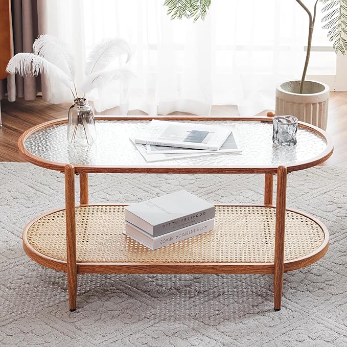 VINGLI 38" Rattan Oval Coffee Table, Water-Wave Glass Metal Center Table, Modern Coffee Table with 2-Tier Storage, Farmhouse Coffee Table for Living Room and Small Space, Natural Vibe