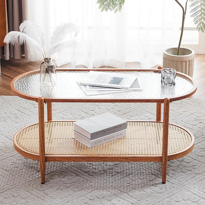 VINGLI 38" Rattan Oval Coffee Table, Water-Wave Glass Metal Center Table, Modern Coffee Table with 2-Tier Storage, Farmhouse Coffee Table for Living Room and Small Space, Natural Vibe