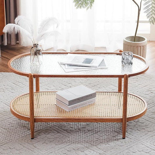 VINGLI 38" Rattan Oval Coffee Table, Water-Wave Glass Metal Center Table, Modern Coffee Table with 2-Tier Storage, Farmhouse Coffee Table for Living Room and Small Space, Natural Vibe