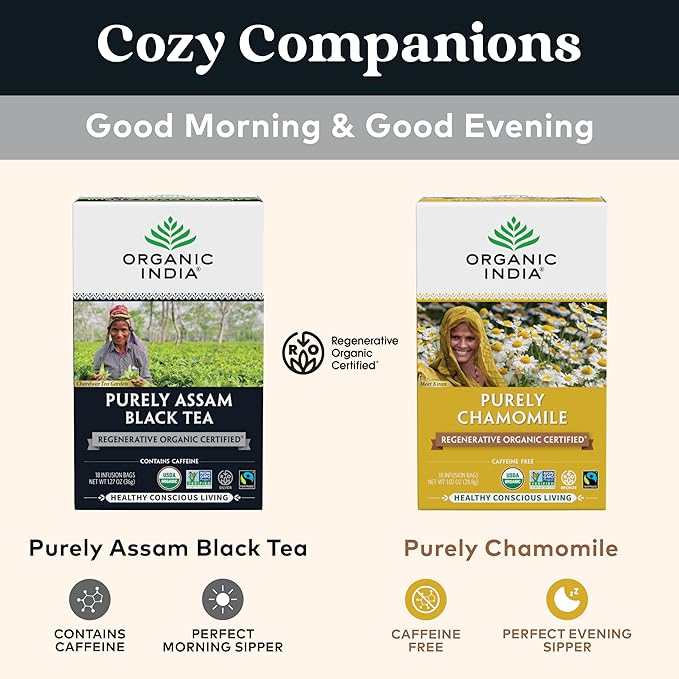 Organic India Purely Assam Black Tea - Caffeinated Herbal Tea Bags with Natural Assam Leaves, Enjoy with Milk & Sweetener, USDA Organic, Non-GMO, Fairtrade Certified - 18 Bags (Pack of 3)