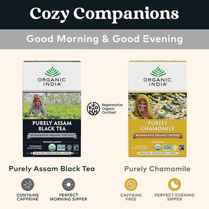 Organic India Purely Assam Black Tea - Caffeinated Herbal Tea Bags with Natural Assam Leaves, Enjoy with Milk & Sweetener, USDA Organic, Non-GMO, Fairtrade Certified - 18 Bags (Pack of 3)