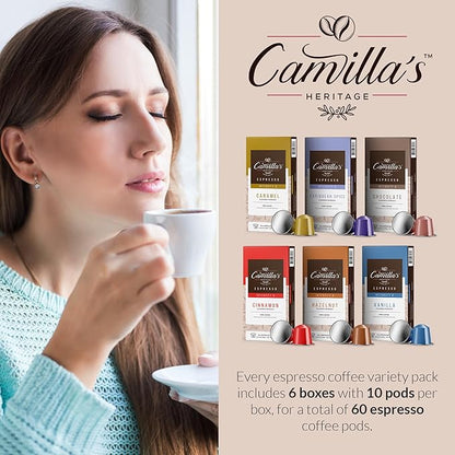 Camilla’s Heritage - Intensity 8 Flavored Espresso Coffee Variety Pack (Caribbean Spice, Cinnamon, Hazelnut, Chocolate, Caramel & Vanilla Espresso Cups) 60 Coffee Pods