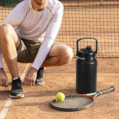1 Gallon Thermosflask with Straw, 135oz Stainless Steel Insulated Water Bottle，4L Oversized Double Wall Vacuum Jug with Handle for Hot Cold Drinks, Wide mouth Icebuckets for Hiking Sports(Black)