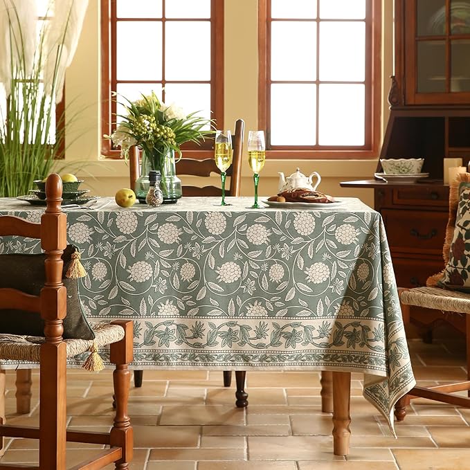 Designer Grayish Green Linen Extra Long Tablecloth Rectangle,Floral Stain Resistant Table Cloth,Fall Vintage Decor Tablecloths for Dining Thanksgiving Kitchen,67"*118"-Andrew A