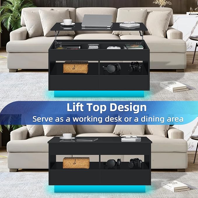 LED Coffee Table with Lift Top Morden Coffee Table with Storage High Gloss Black Sofa Table for Living Room Center Tables Hidden Compartment & 2 Drawers & 2 Open Shelve