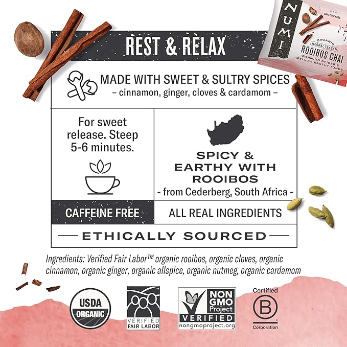 Numi Organic Rooibos Tea Variety Pack, 18 Tea Bags (Pack of 3), Chocolate Rooibos, Rooibos Chai, Rooibos (Packaging May Vary)