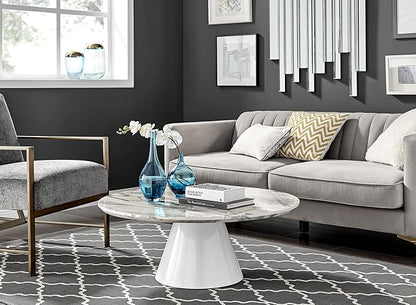 Coffee Table - Palma Round Coffee Table - Contemporary Minimalist Coffee Table with Tapered Central Pillar - White Marble-Effect Finish - Living Room Furniture