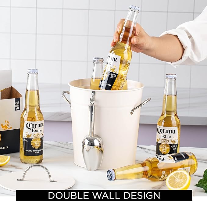 Rae Dunn Ice Bucket with Scoop - Stainless Steel Bucket with Handle, Lid and Ice Scooper - 4 Qt. Storage Bin for Ice Cubes for Bars, Parties, Backyard Barbeques, Picnics, and Camping (White)