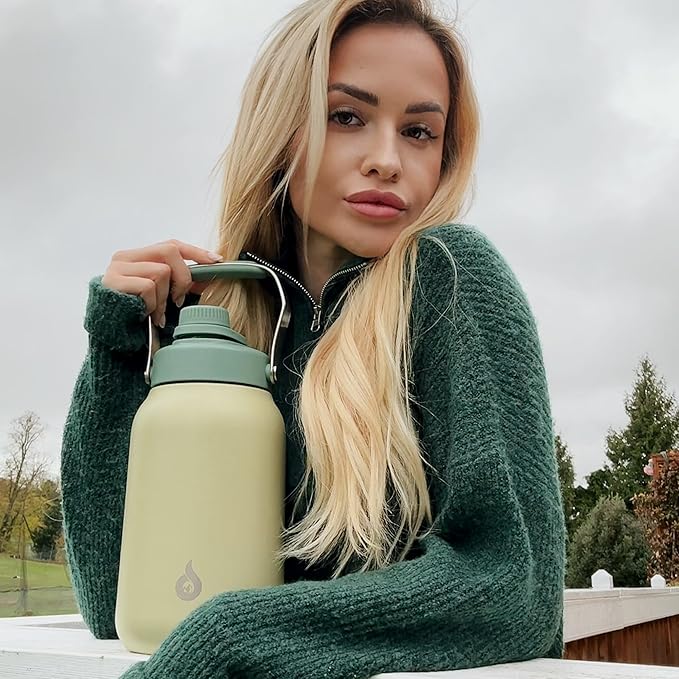 BJPKPK Half Gallon Insulated Water Bottles, 64oz Water Jug with Metal Handle & BPA Free Spout Lid, Dishwasher Safe Thermo, Large Stainless Steel Gym Sport Jugs, Grey