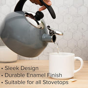 Farberware Omega Tea Kettle, Whistling Tea Pot, Works For All Stovetops, Porcelain Enamel on Carbon Steel, BPA-Free, Rust-Proof, Stay Cool Handle, 2.75 quart (11 cups) Capacity(Gray)