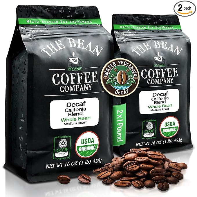 The Bean Organic Coffee Company Water Processed DECAF California Blend, Medium Roast, Whole Bean Coffee, 16-Ounce Bags (Pack of 2)
