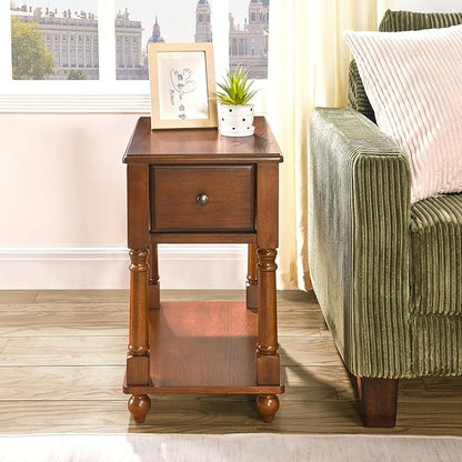 PADMA HOUSE Solid Wood Narrow End Table with Drawer, Vintage Rectangle Sofa Side Table with Storage Shelf Mid-Century Apartment Slim Bedside Table for Small Spaces,13 * 22 * 22.3in