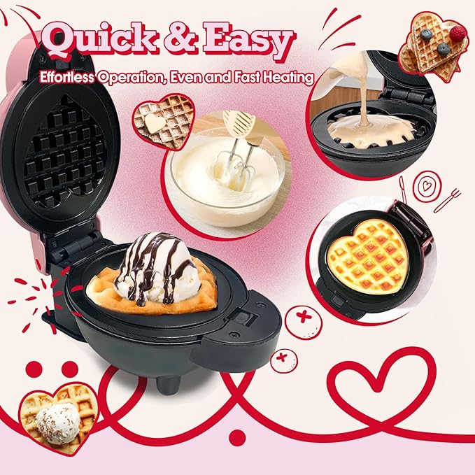 Mini Waffle Maker with 6 Removable Plates,Small Heart Waffle Maker Keto,3-in-1 Multi-plate set,Wafflera Iron for Kids Family&Individuals,4'' Non Stick Cooking Plates with Fast & Even Heating(Pink)