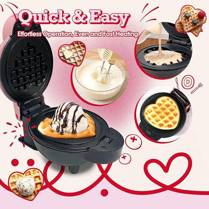 Mini Waffle Maker with 6 Removable Plates,Small Heart Waffle Maker Keto,3-in-1 Multi-plate set,Wafflera Iron for Kids Family&Individuals,4'' Non Stick Cooking Plates with Fast & Even Heating(Pink)