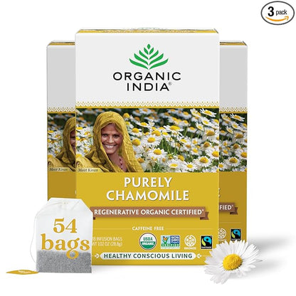Organic India Purely Chamomile Tea- Regenerative Organic Chamomile Flowers, Caffeine Free, Calming & Relaxing Herbal Tea, Pure Chamomile, Natural Support for Sleep & Relaxation- 18 Tea Bags, Pack of 3