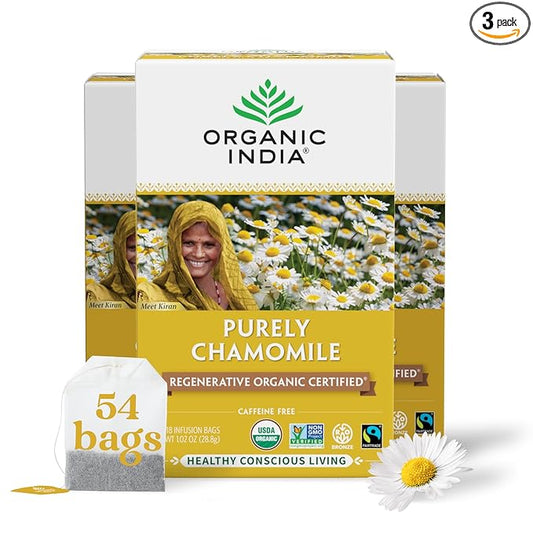 Organic India Purely Chamomile Tea- Regenerative Organic Chamomile Flowers, Caffeine Free, Calming & Relaxing Herbal Tea, Pure Chamomile, Natural Support for Sleep & Relaxation- 18 Tea Bags, Pack of 3