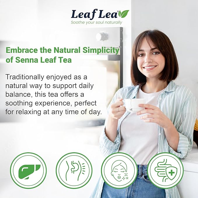 LeafLea 40 Senna Tea Bags – 100% Pure Senna Leaves, Herbal Laxative Tea for Gentle Constipation Relief, Caffeine-Free, Sugar-Free, Gluten-Free, Non-GMO, Vegan, Supports Digestive Health