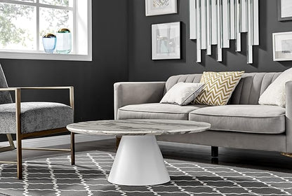 Coffee Table - Palma Round Coffee Table - Contemporary Minimalist Coffee Table with Tapered Central Pillar - White Marble-Effect Finish - Living Room Furniture