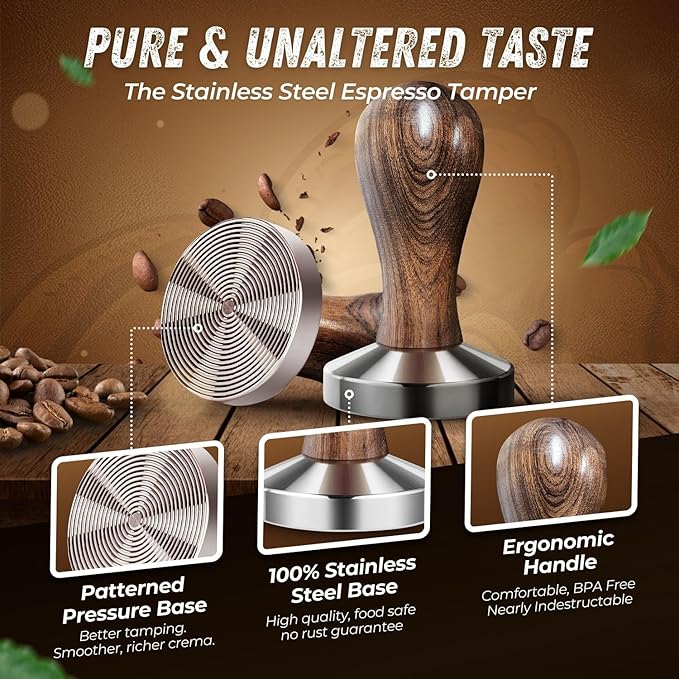 Flexzion Coffee Tamper 58mm Espresso Tamper Tool, Stainless Steel Barista-Quality Hand Press Espresso Maker with Ergonomic Wooden Handle