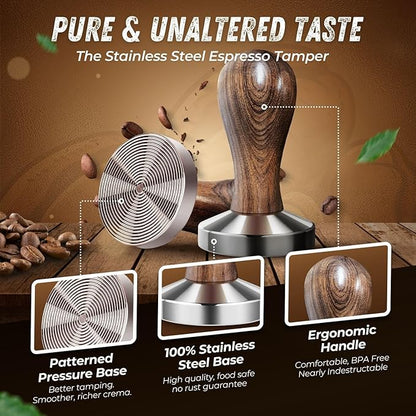 Flexzion Coffee Tamper 58mm Espresso Tamper Tool, Stainless Steel Barista-Quality Hand Press Espresso Maker with Ergonomic Wooden Handle