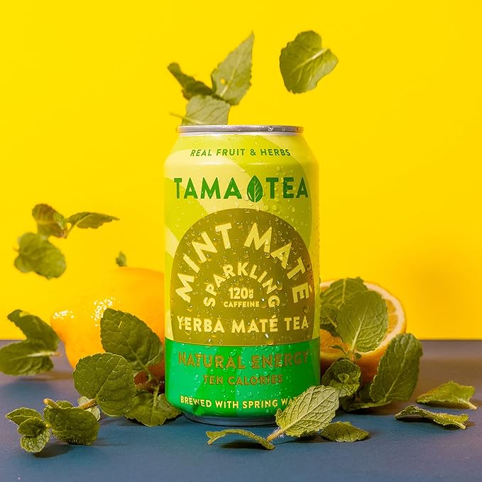 Sparkling Mint Yerba Mate by Tama Tea - Unsweetened Natural Energy Drink with Real Fruit & Herbs - Healthy Caffeine Drink Alternative - 120mg of Brain-Boosting Caffeine, 10 Calories - 12oz Pack of 12
