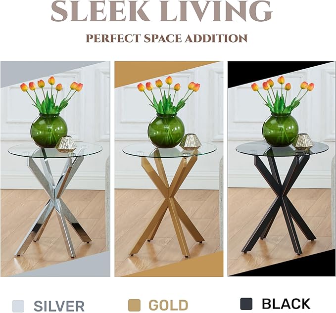 Modern Glass End Table, Small Round Side Table for Couch, Sofa Table with Clear Tempered Glass Top for Living Room, Bedroom, Bedside, 19.7" Wx21.7 H Silver