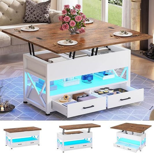 Itaar 40" Lift Top Coffee Table, 4 in 1 White Coffee Tables with Storage for Living Room, Small Coffee Table with 2 Drawers & LED Light for Dining Room, White and Rustic Brown