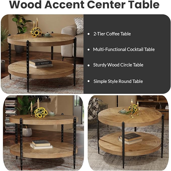 Round Coffee Table for Living Room, Small 2-Tier Circle Coffee Tables with Storage Shelf, Rustic Wood Desktop Modern Design Accent Center Table Home Furniture for Apartment, Brown and Black