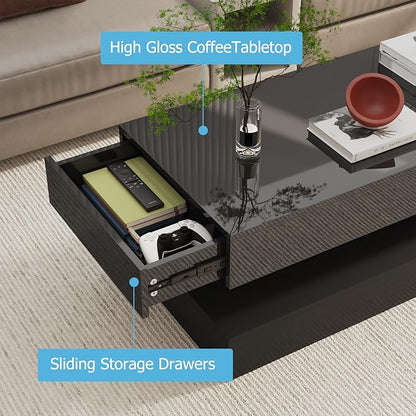 Uspeedy 47.3in Large High Glossy LED Coffee Table with 2 Storage Drawers,Black/White Modern Coffee Tables for Living Room,Living Room Tables,APP LED Lights (Black)