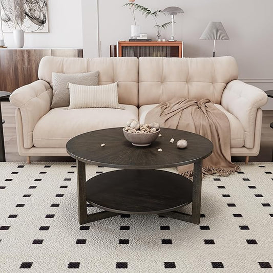 PADMA HOUSE 33.5" Round Wood Coffee Table, 2-Tier Solid Wood Rounded Circle Accent Coffee Table Center Cocktail Table Vintage Furniture for Home Living Room Bedroom,Black Brown 3338BK