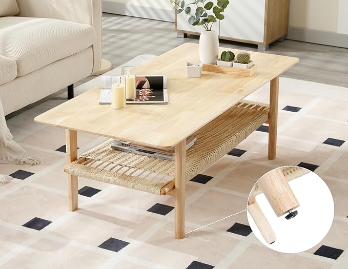 Farmhouse Coffee Table for Living Room 2-Tier Coffee Table with Natural Rattan Storage Shelf Large Rectangular Center Table for Living Room Reception, Natural Color