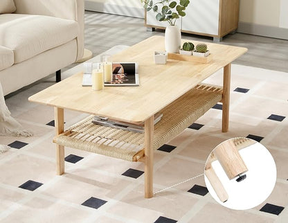 Farmhouse Coffee Table for Living Room 2-Tier Coffee Table with Natural Rattan Storage Shelf Large Rectangular Center Table for Living Room Reception, Natural Color