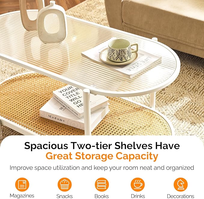 VINGLI 38" Rattan Oval Coffee Table, Glass Metal Center Table, Modern Coffee Tables with 2-Tier Storage, Farmhouse Coffe Table for Living Room and Small Space, White