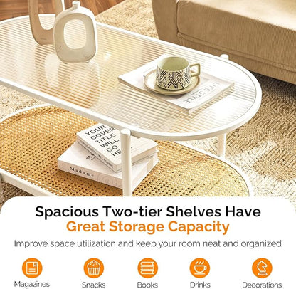 VINGLI 38" Rattan Oval Coffee Table, Glass Metal Center Table, Modern Coffee Tables with 2-Tier Storage, Farmhouse Coffe Table for Living Room and Small Space, White
