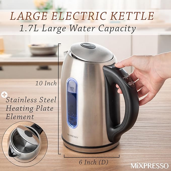 Mixpresso Stainless Steel Electric Kettle, Cordless 1.7L Electric Kettle Temperature Control,1500W Electric Tea Kettle with Viewing Window 2 Hr Keep Warm, Water Boiler with Auto-Off, Boil-Dry System