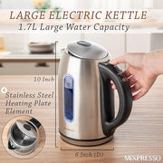 Mixpresso Stainless Steel Electric Kettle, Cordless 1.7L Electric Kettle Temperature Control,1500W Electric Tea Kettle with Viewing Window 2 Hr Keep Warm, Water Boiler with Auto-Off, Boil-Dry System