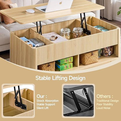 Farmhouse Lift Top Coffee Table, Mid Century Modern Coffee Table with Hidden Storage Compartment, Fluted Rising Pull up Wood Modern Center for Living Room, Office, Natural Oak