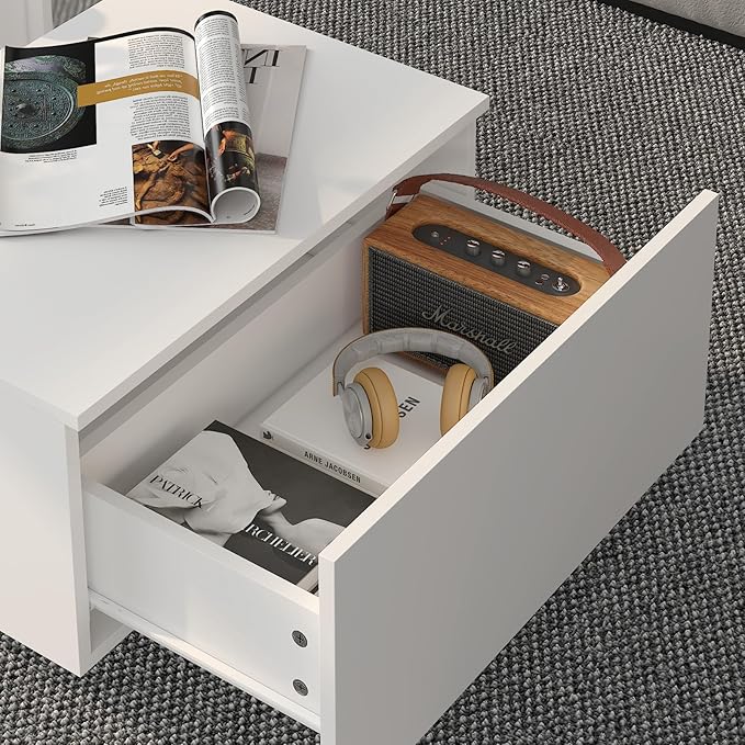 White Led Coffee Table for Living Room, Rectangular Living Room Table with Storage, Acrylic Coffee Tables with 2 Sliding Drawers, Wood Center Table for Reception Dinning Room