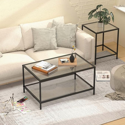 Nesting Coffee Table,Small Glass Coffee Table Set of 2,Black Modern Square Sofa Side Tea Table for Living Room,Bedroom and Small Spaces,2 Tier Tempered Glass with Sturdy Metal Frame, Easy Assembly